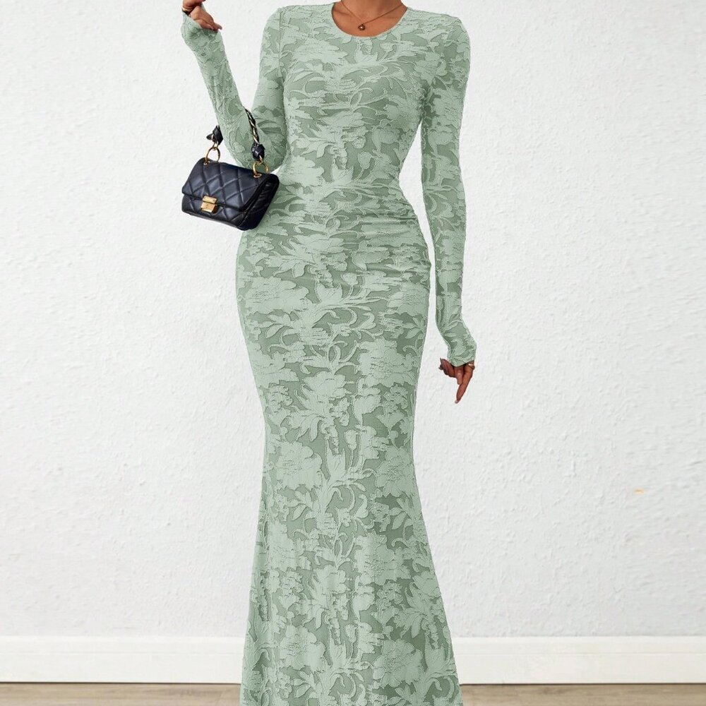 Light Green Elegant Women's Floral Lace Maxi Dress